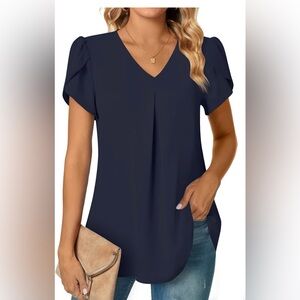 Anyally Tulip Puff Sleeved Pleated Dark Navy V-Neck Blouse, Size XL